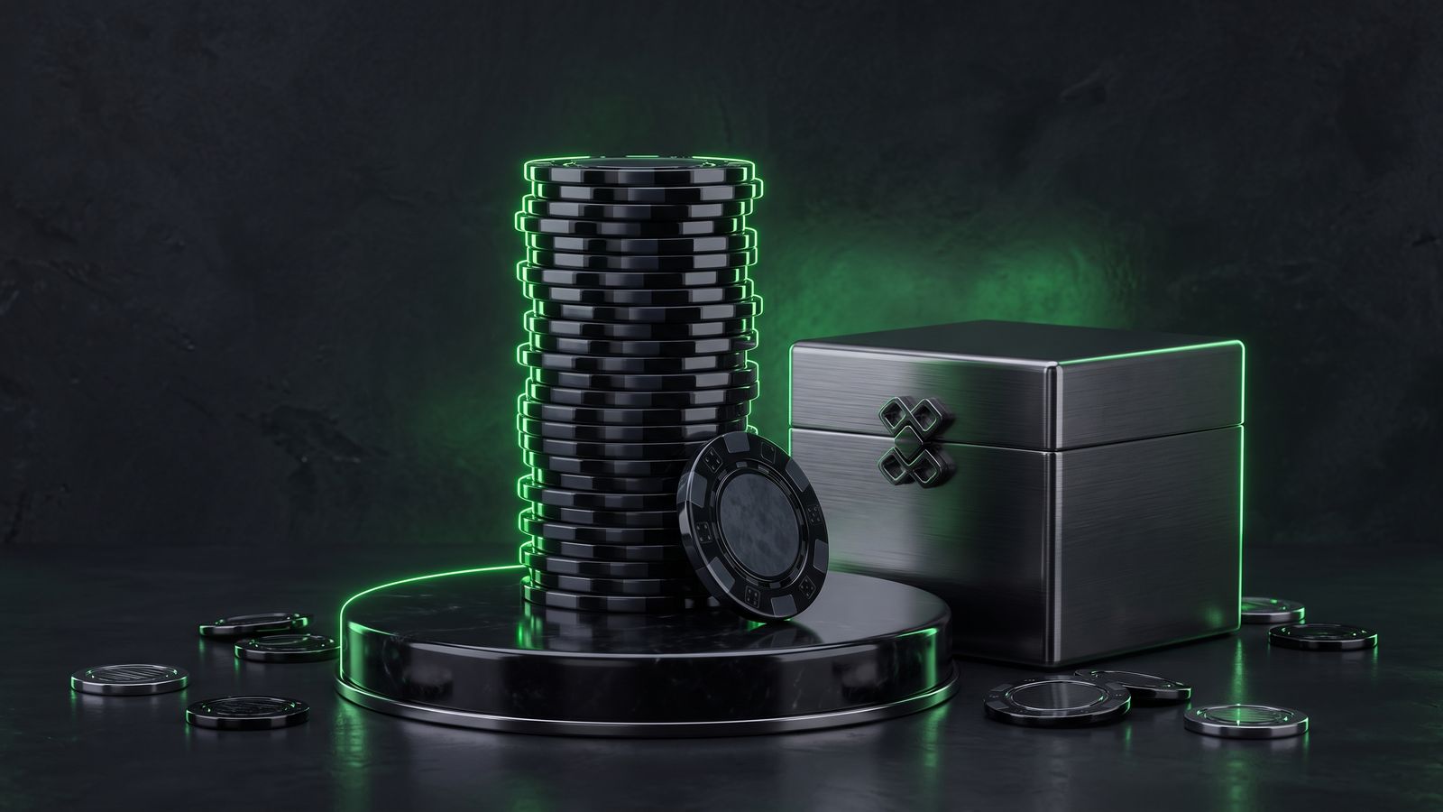 Glossy casino chip stack with neon green edge glow